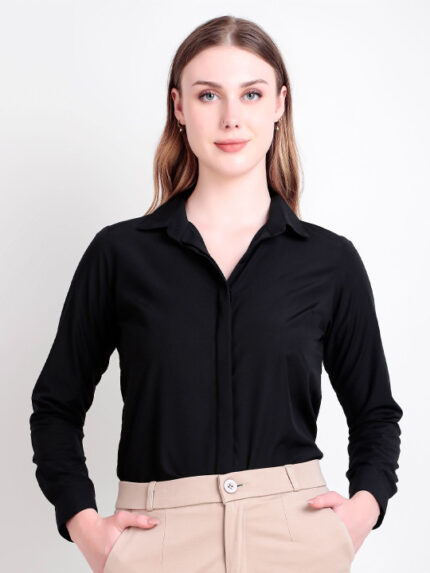 Women Black Slim Fit Solid Spread Collar Formal Shirt