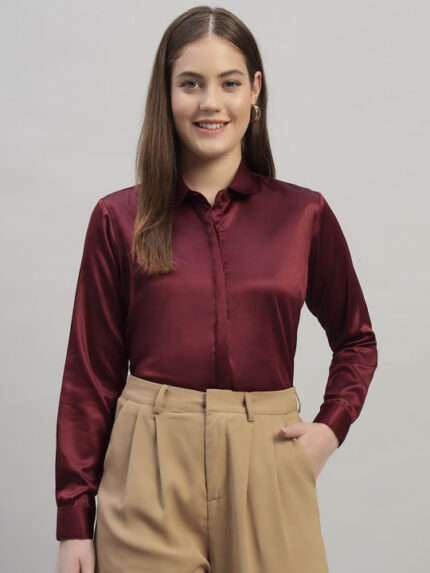 Women Maroon Regular Fit Solid Spread Collar Satin Formal Shirt