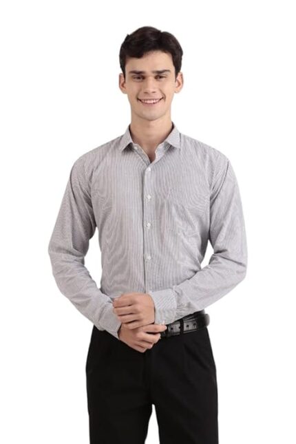 Swaz Men Slim Fit Formal Stripe Grey White Full Sleeve Spread Collar Shirt