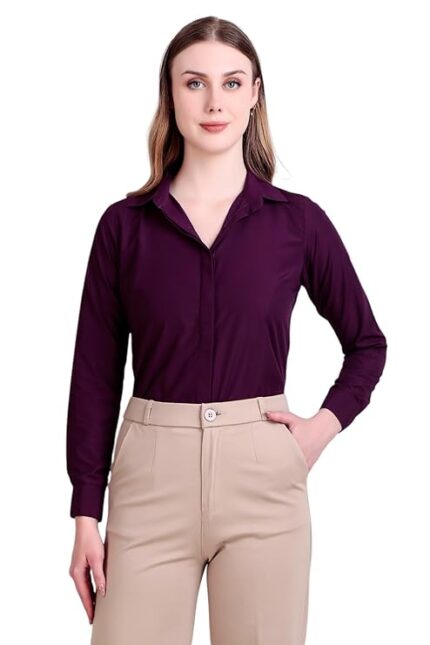 Swaz Women's Solid Pollycotton Formal Shirt | Plain | Full Sleeve - Slim Fit |Spread Collar |Western |Workwear Shirts for Women