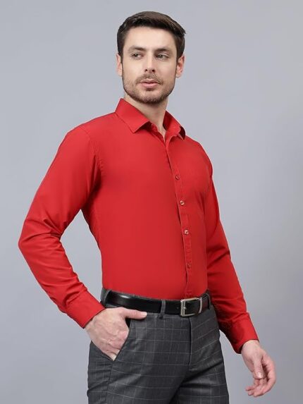 Men Red Slim Fit Solid Spread Collar Formal Shirt