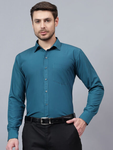 Men Teal Blue Slim Fit Solid Spread Collar Formal Shirt