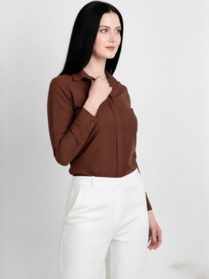 Women Coffee Brown Regular Fit Solid Spread Collar Formal Shirt