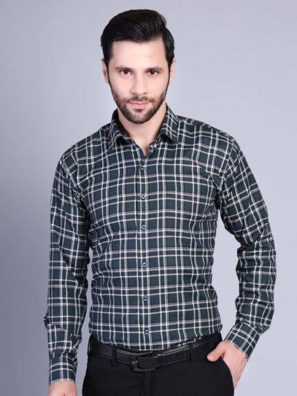 Men Green Slim Fit Check Cotton Formal Shirt