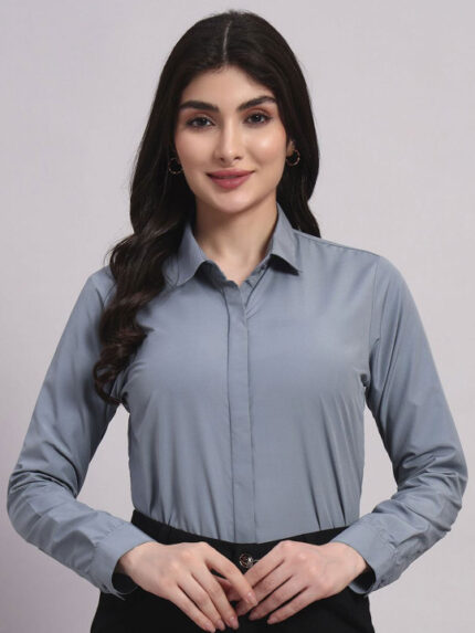 Women Steel Blue Slim Fit Solid Spread Collar Formal Shirt