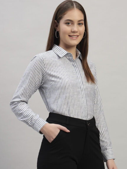 Women Blue White Regular Fit Stripe Spread Collar Cotton Formal Shirt