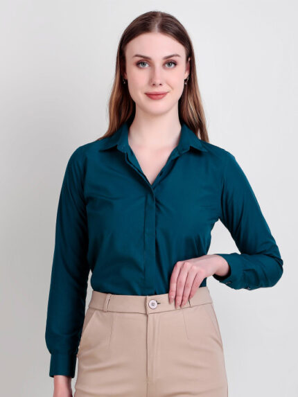 Women Teal Blue Slim Fit Solid Spread Collar Formal Shirt