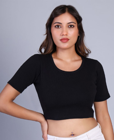 Women Ribbed Round Neck Cotton Crop Fitted Top