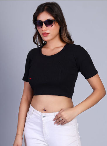 Women Ribbed Round Neck Cotton Crop Fitted Top - Image 3