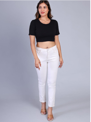 Women Ribbed Round Neck Cotton Crop Fitted Top - Image 2