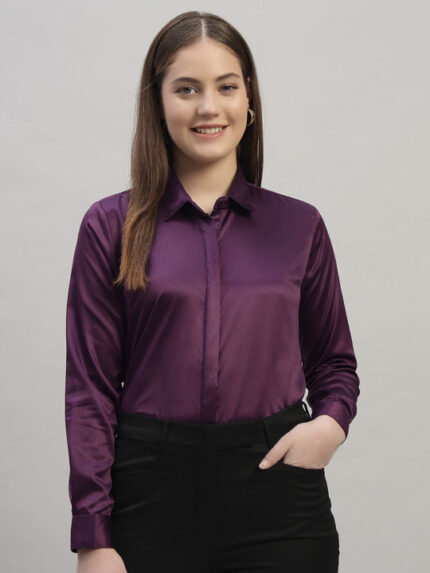 Women Burgundy Regular Fit Solid Spread Collar Satin Formal Shirt