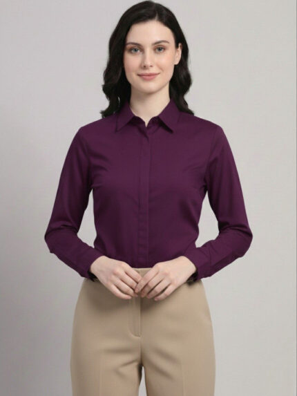 Women Purple Regular Fit Solid Spread Collar Formal Shirt