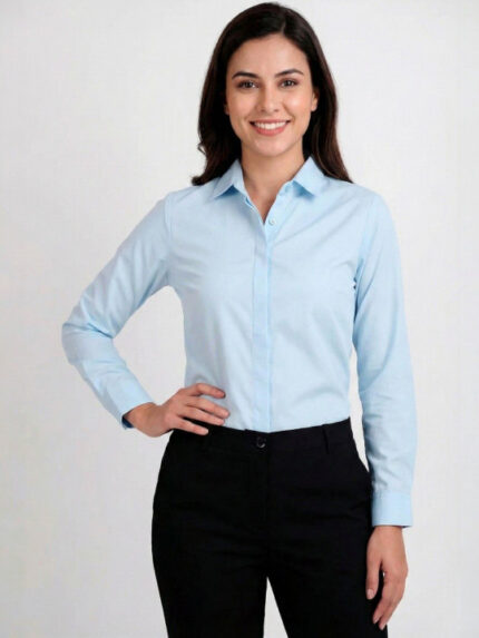 Women Sky Blue Regular Fit Solid Spread Collar Formal Shirt