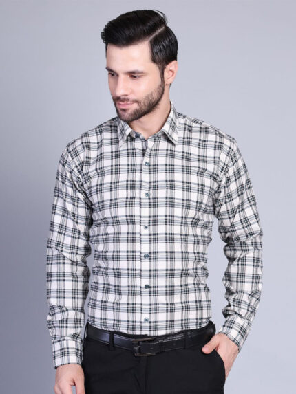 Men Green Cream Slim Fit Check Cotton Formal Shirt