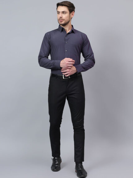 Men Charcol Slim Fit Solid Spread Collar Formal Shirt