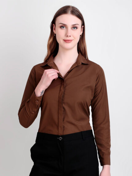 Women Coffee Brown Slim Fit Solid Spread Collar Formal Shirt
