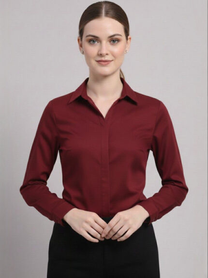 Women Maroon Regular Fit Solid Spread Collar Formal Shirt