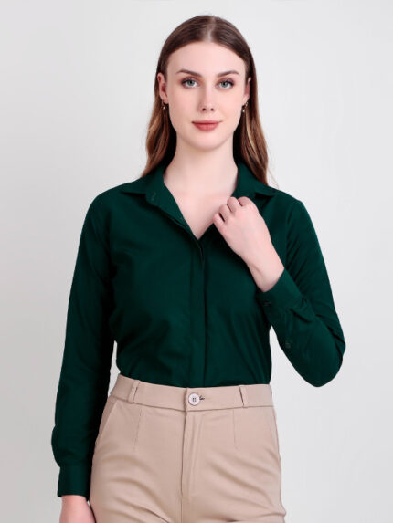 Women Green Slim Fit Solid Spread Collar Formal Shirt