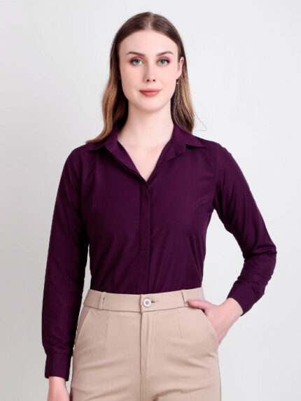 Women Purple Slim Fit Solid Spread Collar Formal Shirt