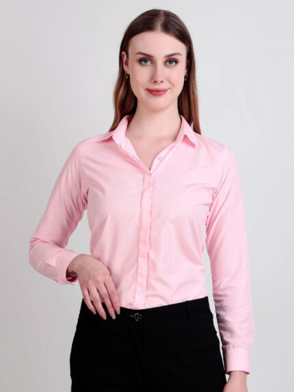 Women Pink Slim Fit Solid Spread Collar Formal Shirt
