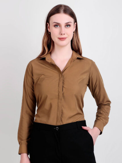 Women Khaki Slim Fit Solid Spread Collar Formal Shirt